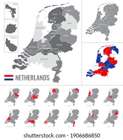 Detailed vector map of regions of Netherlands with flag