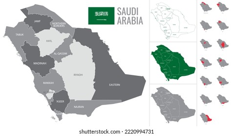 Detailed vector map of regions of Saudi Arabia with flag