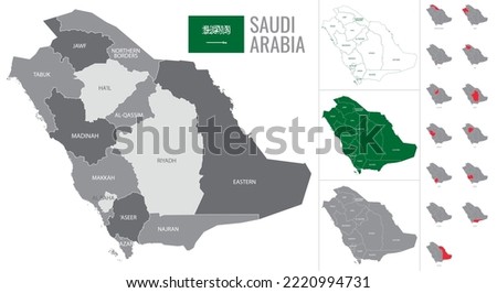 Detailed vector map of regions of Saudi Arabia with flag