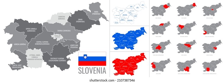 Detailed vector map of regions of Slovenia with flag