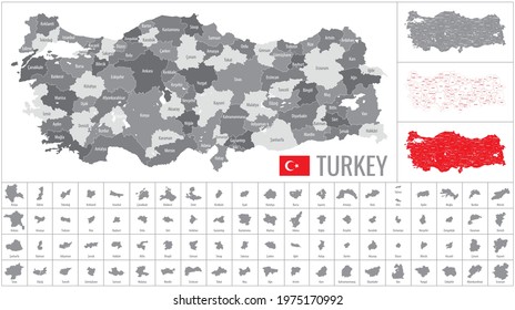 Detailed vector map of regions of Turkey with flag