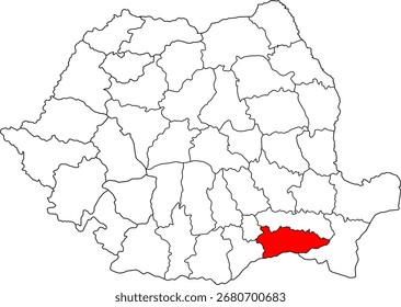 A detailed vector map of Romania highlighting the Călărași county. Perfect for data visualization, presentations, and educational infographics.

