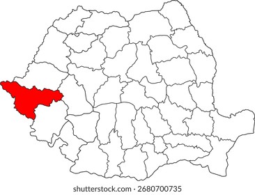 A detailed vector map of Romania highlighting the Timiș county. Perfect for data visualization, presentations, and educational infographics.

