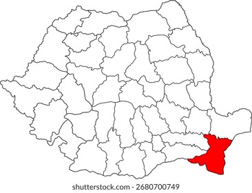 A detailed vector map of Romania highlighting the Constanța county. Perfect for data visualization, presentations, and educational infographics.

