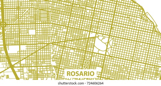Detailed vector map of Rosario in gold with title, scale 1:30 000, Argentina