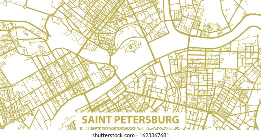 Detailed vector map of Saint Petersburg in gold with title, scale 1:10 000, Russia