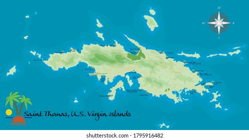 A detailed vector map of Saint Thomas island in the United States Virgin Islands