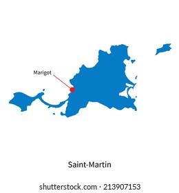 Detailed vector map of Saint-Martin and capital city Marigot