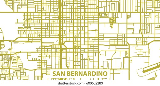 Detailed vector map of San Bernardino in gold with title, scale 1:30 000, USA