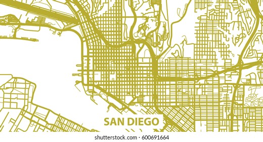 Detailed vector map of San Diego in gold with title, scale 1:30 000, USA