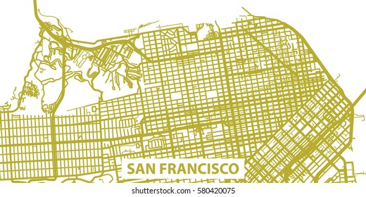 Detailed vector map of San Francisco in gold with title, scale 1:30 000, USA
