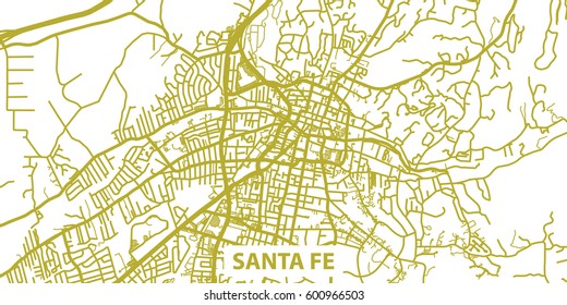 Detailed vector map of Santa Fe in gold with title, scale 1:30 000, USA