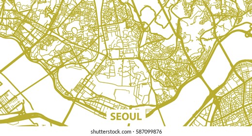 Detailed vector map of Seoul in gold with title, scale 1:30 000, South Korea