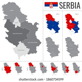 Detailed vector map of Serbia regions with country flag