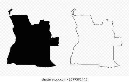 Conjunto detalhado de mapas vetoriais de Angola, silhueta preta e contorno editável sobre fundo transparente