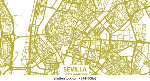 Detailed vector map of Sevilla in gold with title, scale 1:30 000, Spain