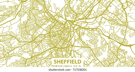 Detailed vector map of Sheffield in gold with title, scale 1:30 000, England,UK