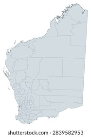 Detailed vector map showcasing the administrative divisions (ADM2 level) within Western Australia, a state in the northwest region of Australia. Ideal for geographical analysis and planning.