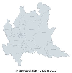 Detailed vector map showcasing the administrative divisions (provinces) of the Lombardy region in northern Italy. Ideal for geographical reference and regional planning.