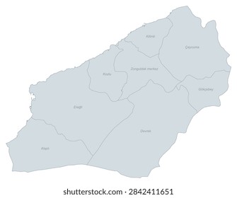 Detailed vector map showcasing the districts and administrative boundaries within the Zonguldak province in northwestern Turkey. Ideal for geographic reference, planning, or educational purposes.