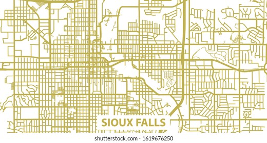 Detailed vector map of Sioux Falls in gold with title, scale 1:10 000, USA