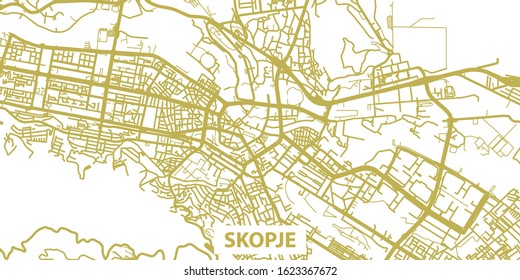 Detailed vector map of Skopje in gold with title, scale 1:10 000, North Macedonia