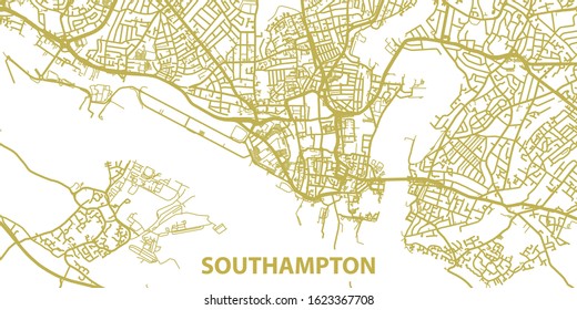 Detailed vector map of Southampton in gold with title, scale 1:10 000, UK