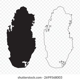 Detailed vector map of the State of Qatar in solid black fill and outline versions
