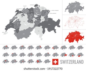 Detailed vector map of Switzerland regions with flag on white background