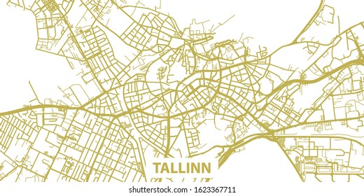 Detailed vector map of Tallinn in gold with title, scale 1:10 000, Estonia