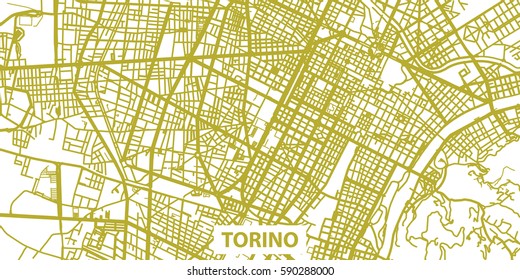 Detailed vector map of Torino in gold with title, scale 1:30 000, Italy