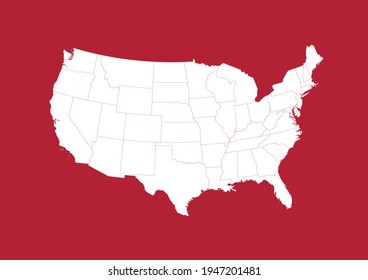 Detailed vector map of the United States made with the colors of the USA flag. White USA map with red background.