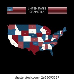 Mapa vetorial detalhado dos Estados Unidos da América com divisões e fronteiras estatais individuais para uso educacional e infográfico