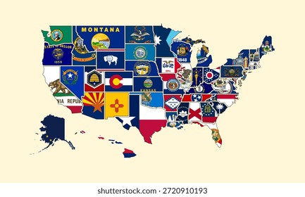 Mapa detallado del Vector de los Estados Unidos de América con diseños oficiales de banderas estatales que llenan la silueta de cada estado sobre un fondo liso.