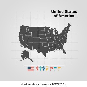 Detailed vector map of United States of America. Name country, flag and pointer. Flat vector illustration.