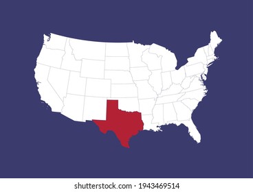 Detailed vector map of the USA showing the location of Texas on a blue background. Map made with the colors of the USA flag. Map is suitable for digital editing and printing of all sizes.