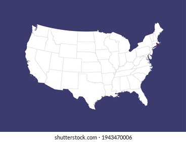 Mapa vectorial detallado de los EE.UU. que muestra la ubicación de Rhode Island sobre un fondo azul. Mapa hecho con los colores de la bandera de Estados Unidos. El mapa es adecuado para la edición digital y la impresión de todos los tamaños.
