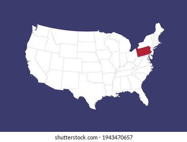 Detailed vector map of the USA showing the location of Pennsylvania on a blue background. Map made with the colors of the USA flag. Map is suitable for digital editing and printing of all sizes.