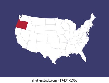 Mapa vectorial detallado de los EE.UU. que muestra la ubicación de Oregon sobre un fondo azul. Mapa hecho con los colores de la bandera de Estados Unidos. El mapa es adecuado para la edición digital y la impresión de todos los tamaños.