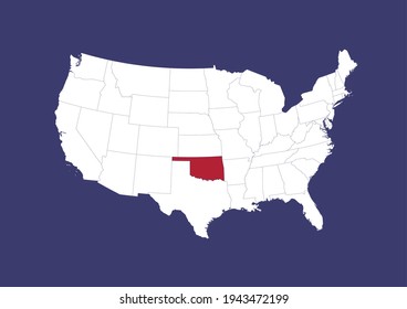 Detailed vector map of the USA showing the location of Oklahoma on a blue background. Map made with the colors of the USA flag. Map is suitable for digital editing and printing of all sizes.