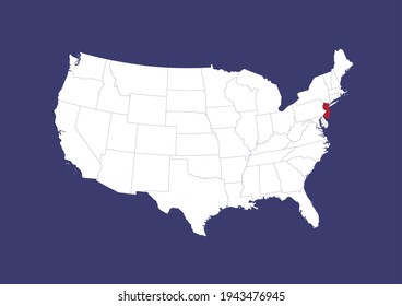 Detailed vector map of the USA showing the location of New Jersey on a blue background. Map made with the colors of the USA flag. Map is suitable for digital editing and printing of all sizes.