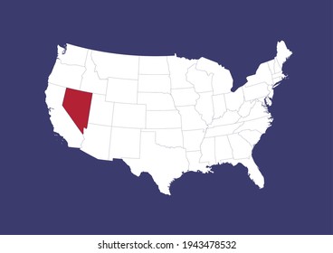 Detailed vector map of the USA showing the location of Nevada on a blue background. Map made with the colors of the USA flag. Map is suitable for digital editing and printing of all sizes.