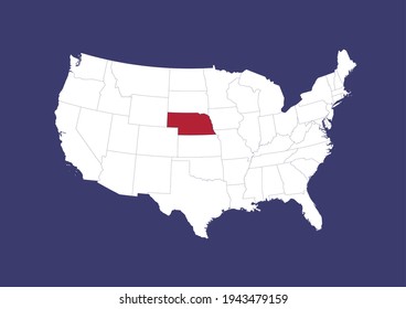 Detailed vector map of the USA showing the location of Nebraska on a blue background. Map made with the colors of the USA flag. Map is suitable for digital editing and printing of all sizes.