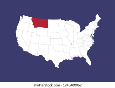 Detailed vector map of the USA showing the location of Montana on a blue background. Map made with the colors of the USA flag. Map is suitable for digital editing and printing of all sizes.