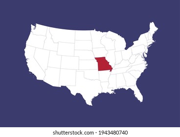 Detailed vector map of the USA showing the location of Missouri on a blue background. Map made with the colors of the USA flag. Map is suitable for digital editing and printing of all sizes.