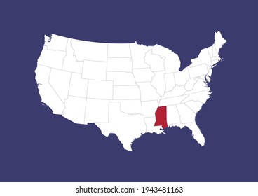 Detailed vector map of the USA showing the location of Mississippi on a blue background. Map made with the colors of the USA flag. Map is suitable for digital editing and printing of all sizes.