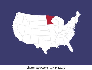 Detaillierte Vektorkarte der USA mit der Lage von Minnesota auf blauem Hintergrund. Karte mit den Farben der Flagge der USA. Map eignet sich für die digitale Bearbeitung und den Druck aller Größen.