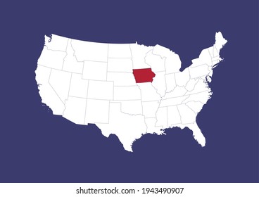 Detailed vector map of the USA showing the location of Iowa on a blue background. Map made with the colors of the USA flag. Map is suitable for digital editing and printing of all sizes.
