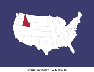 Detailed vector map of the USA showing the location of Idaho on a blue background. Map made with the colors of the USA flag. Map is suitable for digital editing and printing of all sizes.