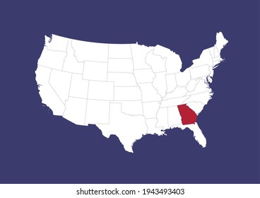 Detailed vector map of the USA showing the location of Georgia on a blue background. Map made with the colors of the USA flag. Map is suitable for digital editing and printing of all sizes.